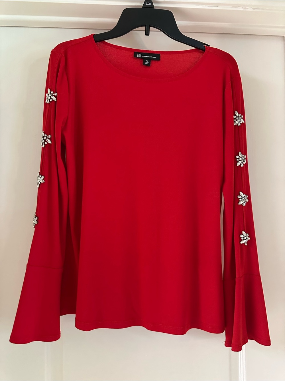 INC International Concepts Red Bell-Sleeve Top with Crystal Floral Accents